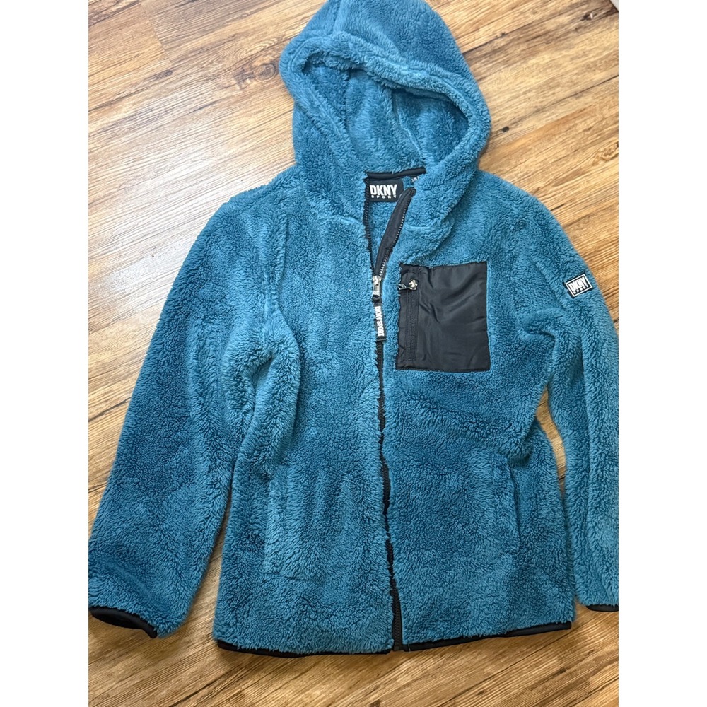 DKNY Sport Fleece Sherpa Hoodie Full Zip Teal Blue Plush Cozy‎ Warm Jacket Large